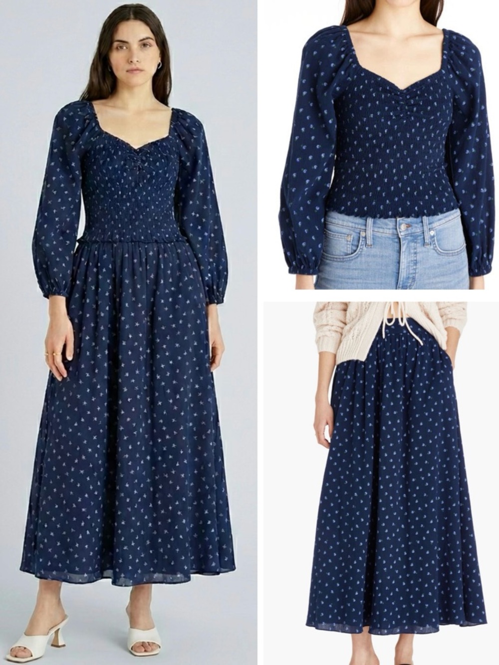 Madewell Matching Set Cotton Blue Floral Smocked Crop Top & Maxi Skirt Large L